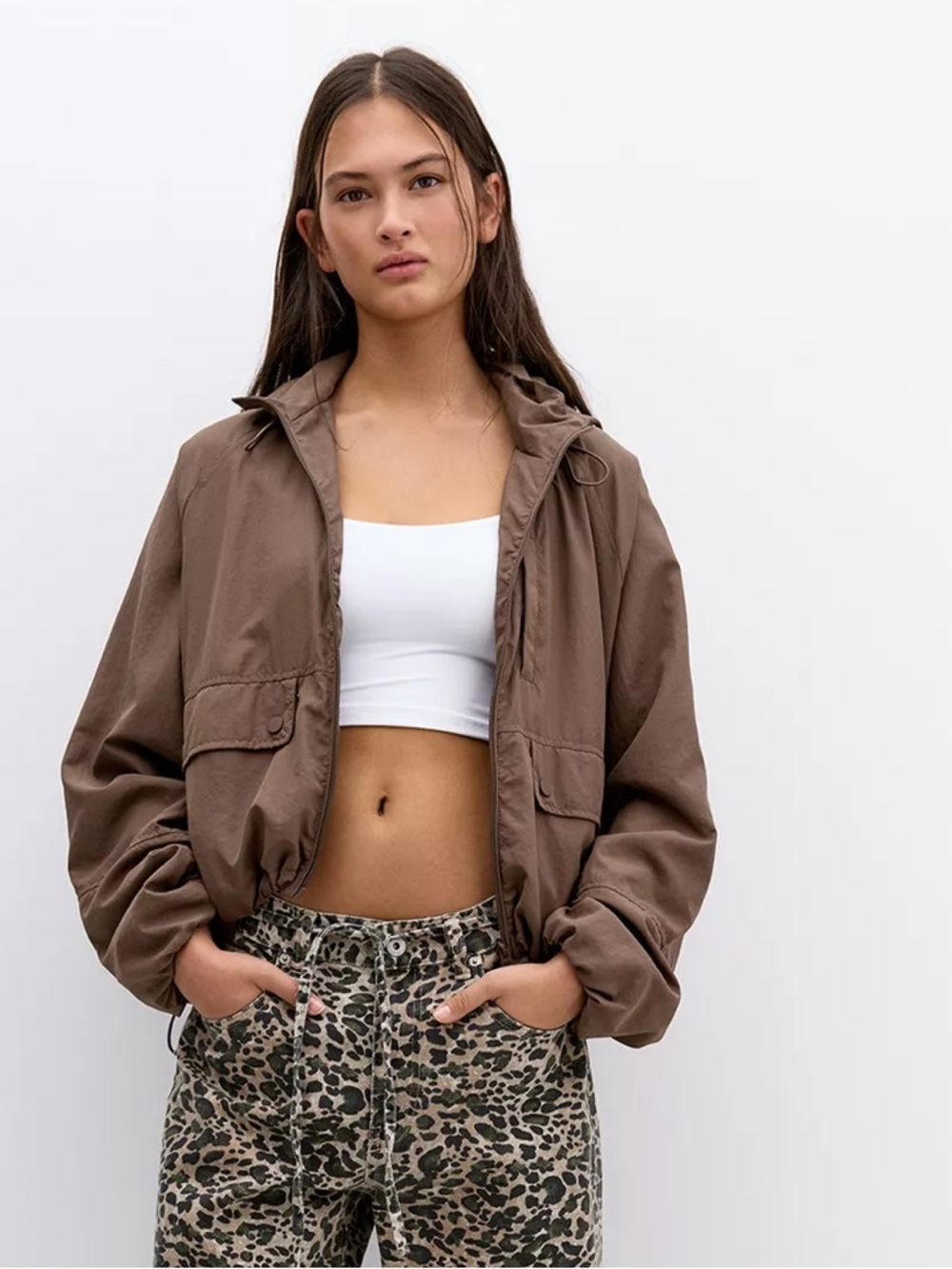 Pull & Bear Brown Cropped Hooded Linen Look Light Jacket - Women, size L